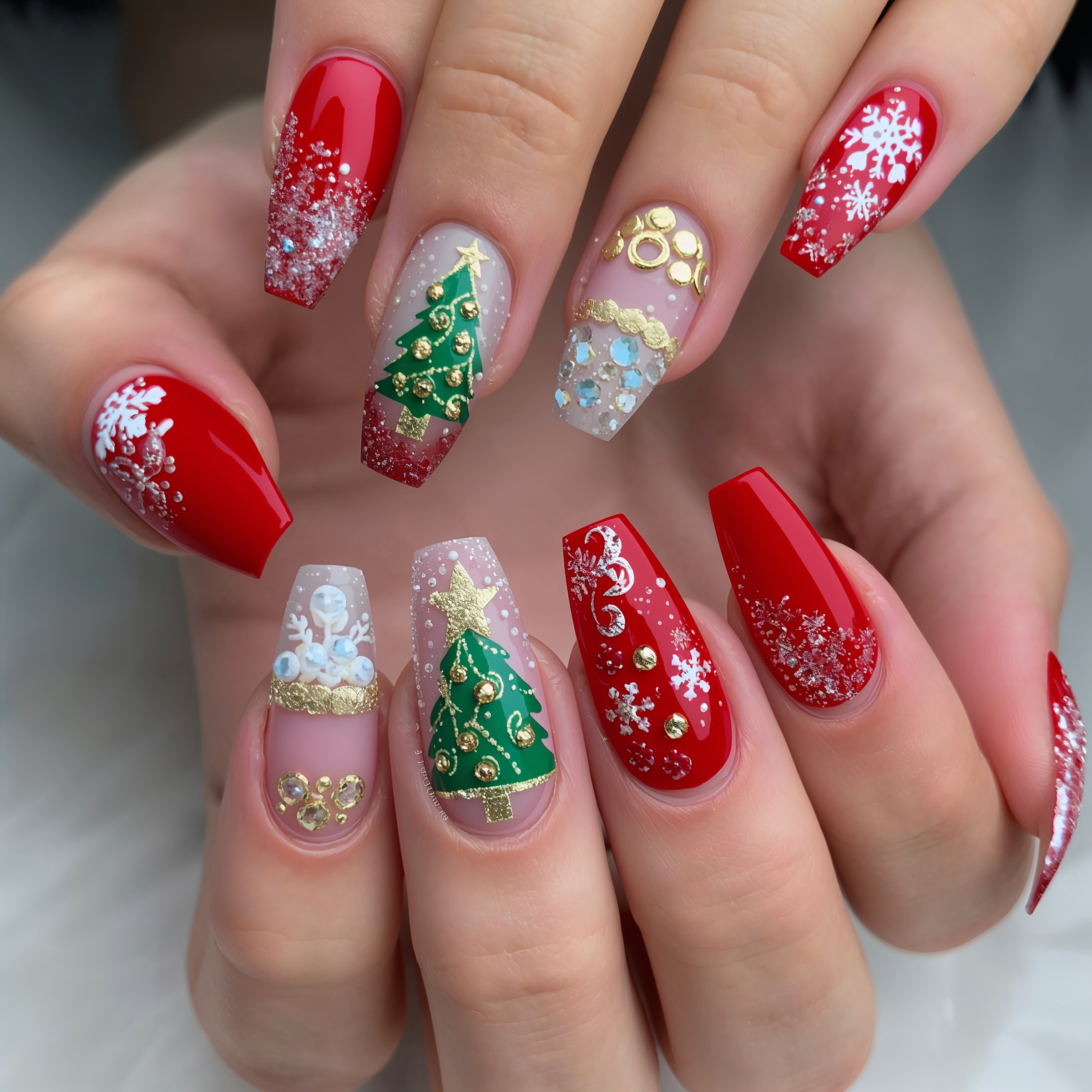 acrylic nails in red green and gold adorned with Christmas tree
