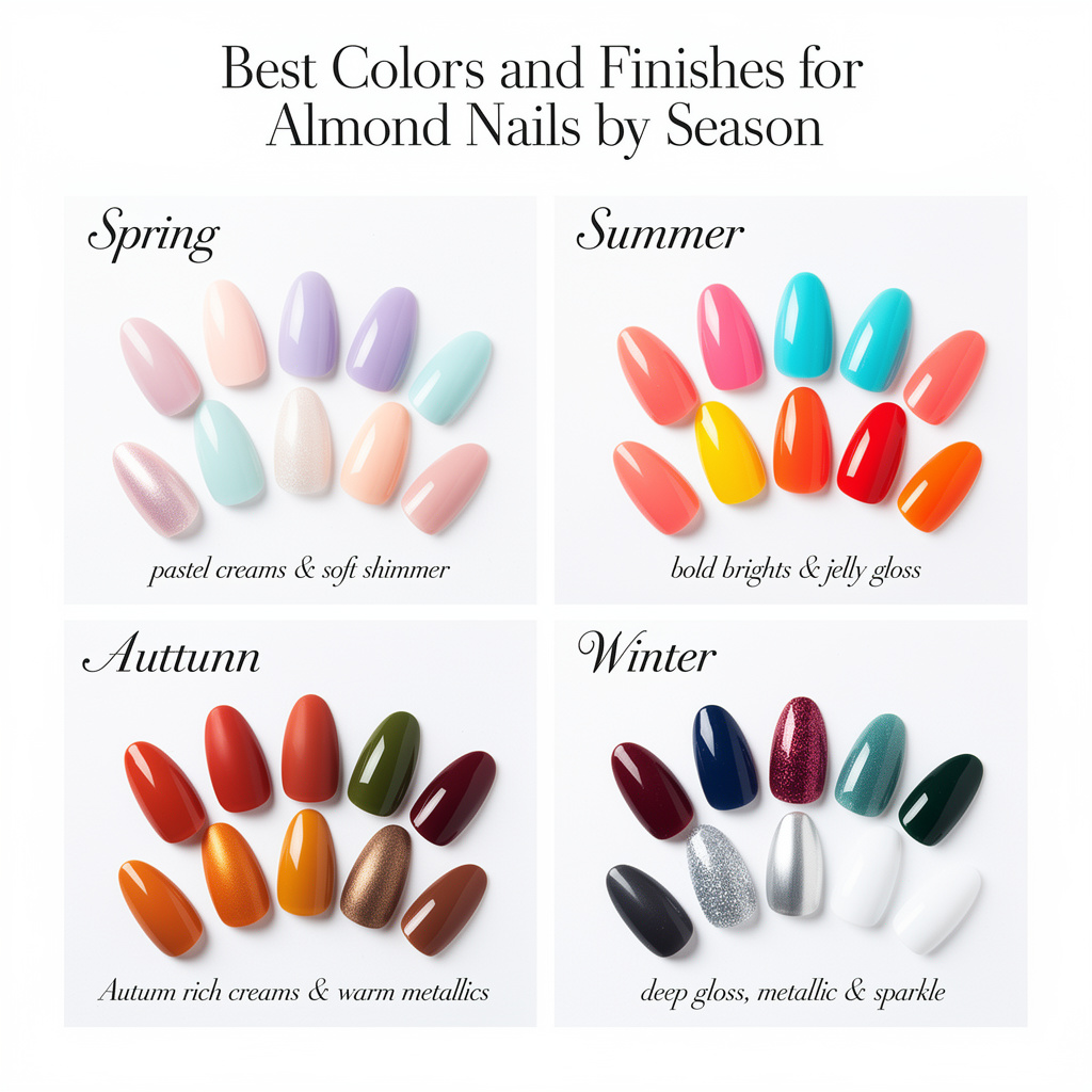 Almond nails colors by season including winter and nude finishes