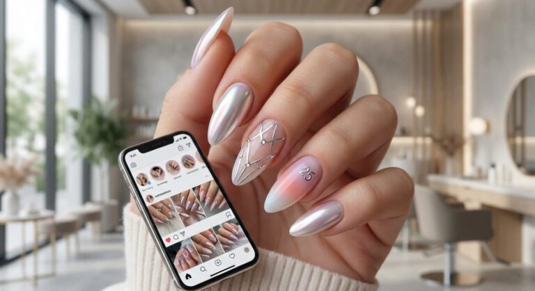 Almond nails inspo 2025 feature image with nude French tip almond nails