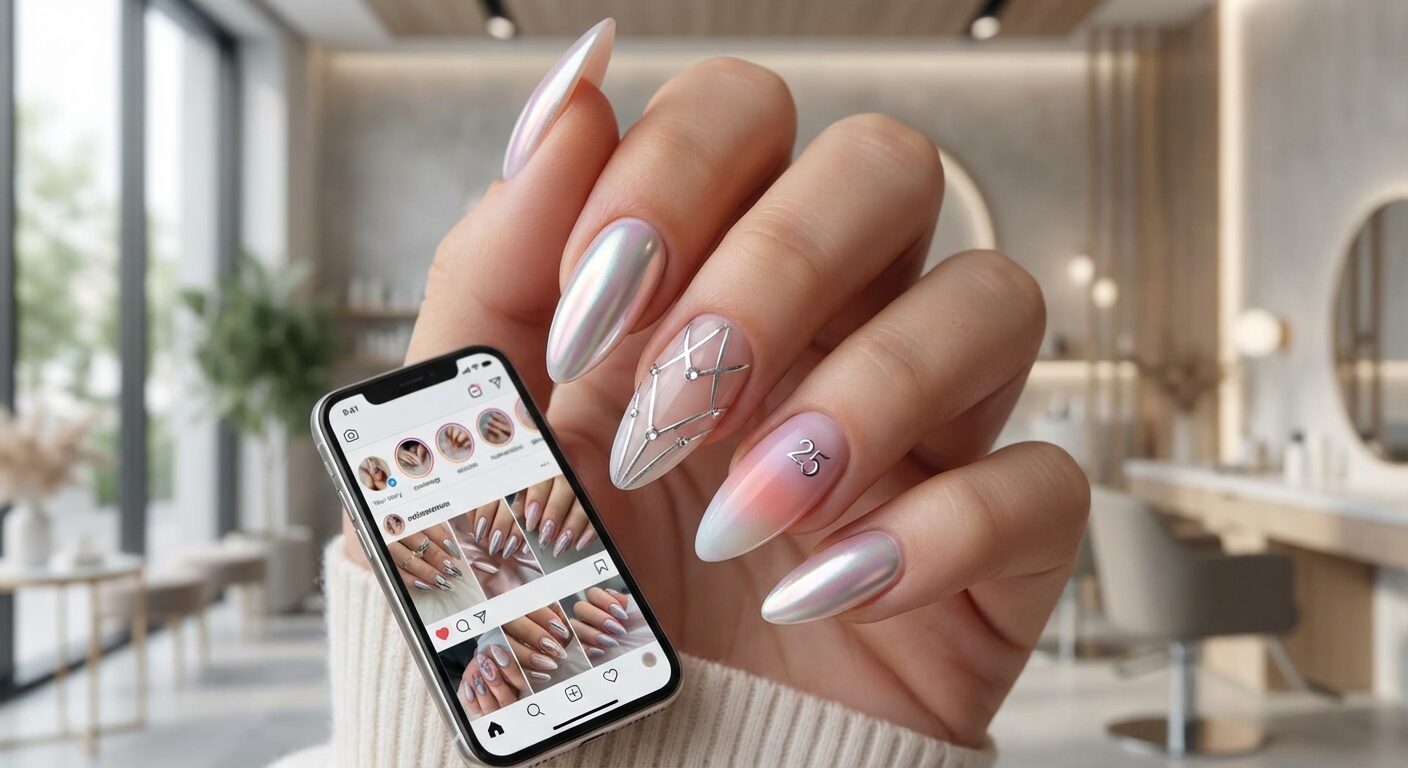 Almond nails inspo 2025 feature image with nude French tip almond nails