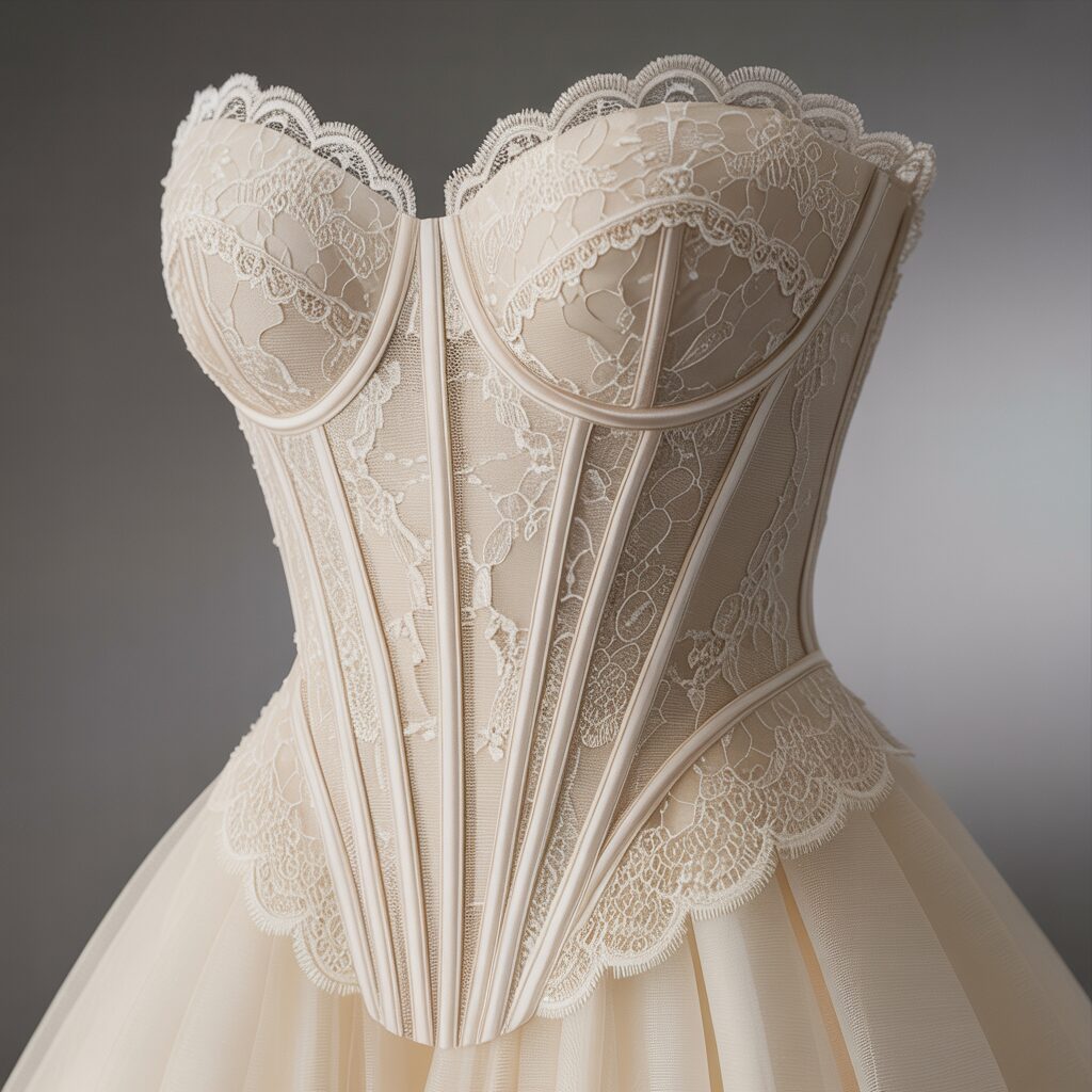 Basque waist detail on a lace bodice paired with a tulle wedding dress skirt