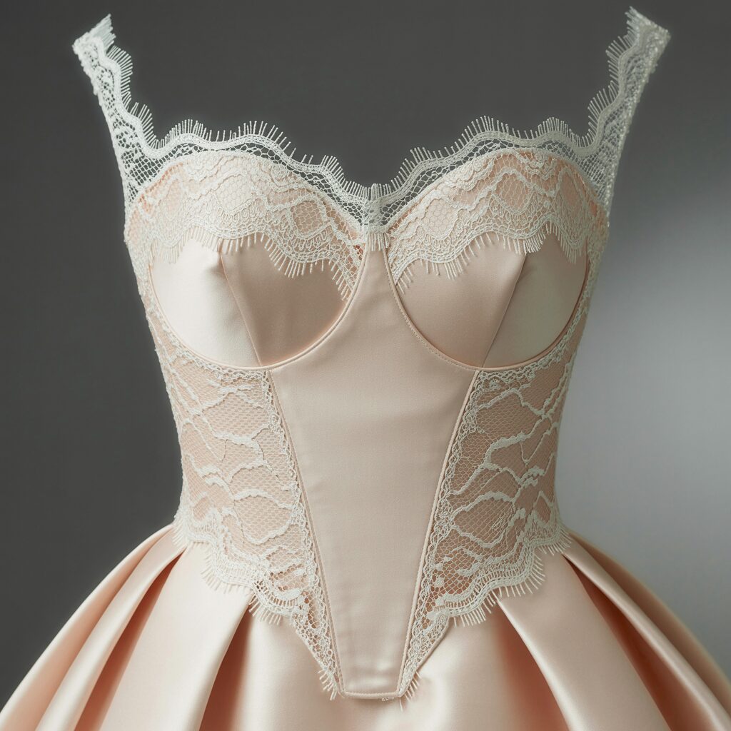 Basque waist detail on a lace bodice paired with a tulle wedding dress skirt