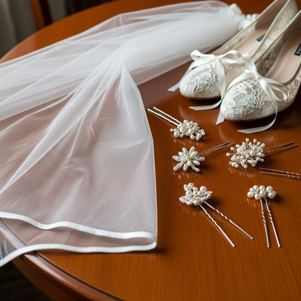 bridal veil pearl hairpins and lace shoes arranged neatly on a table
