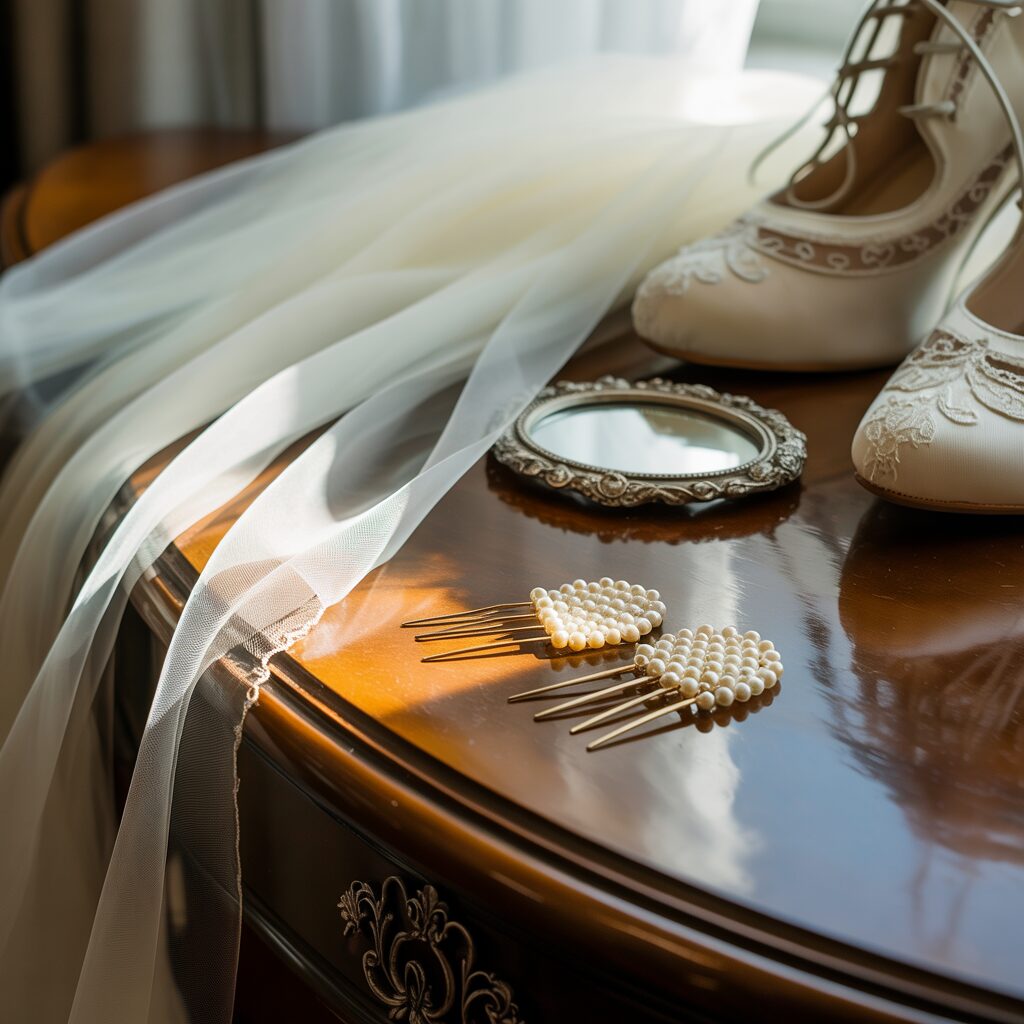 bridal veil pearl hairpins and lace shoes