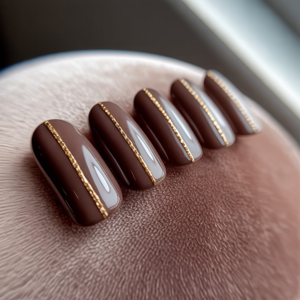 brown acrylic nails with a single gold stripe accent