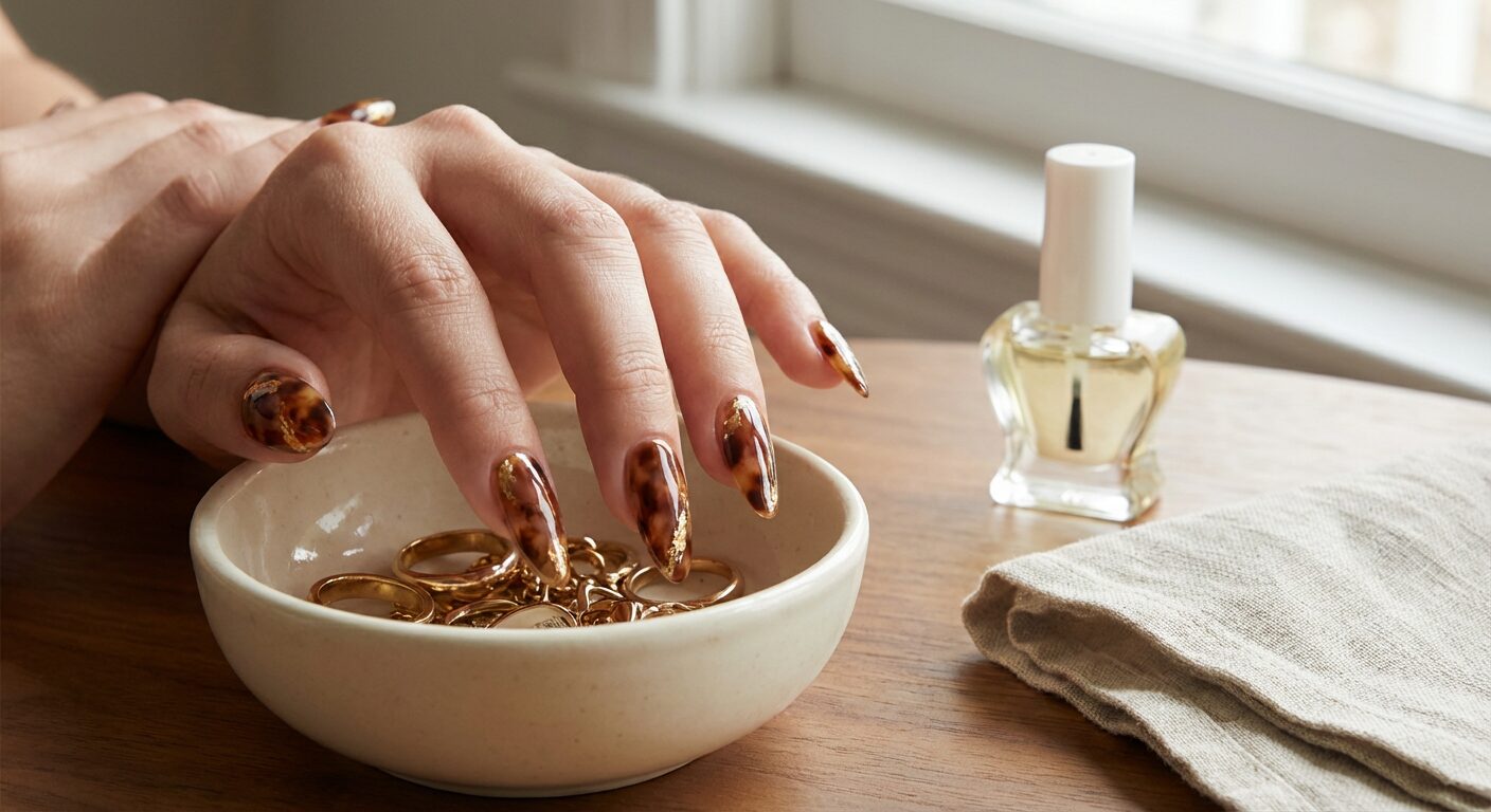Close-up of brown and gold acrylic nails with glossy finish
