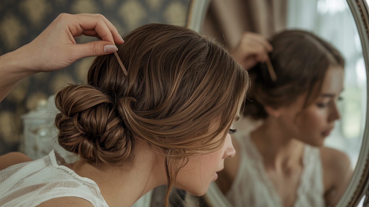 Woman creating an elegant low bun hairstyle in front of a vanity mirror