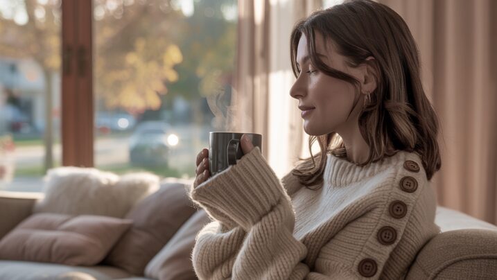 Woman wearing oversized cream cardigan sweater in cozy autumn setting