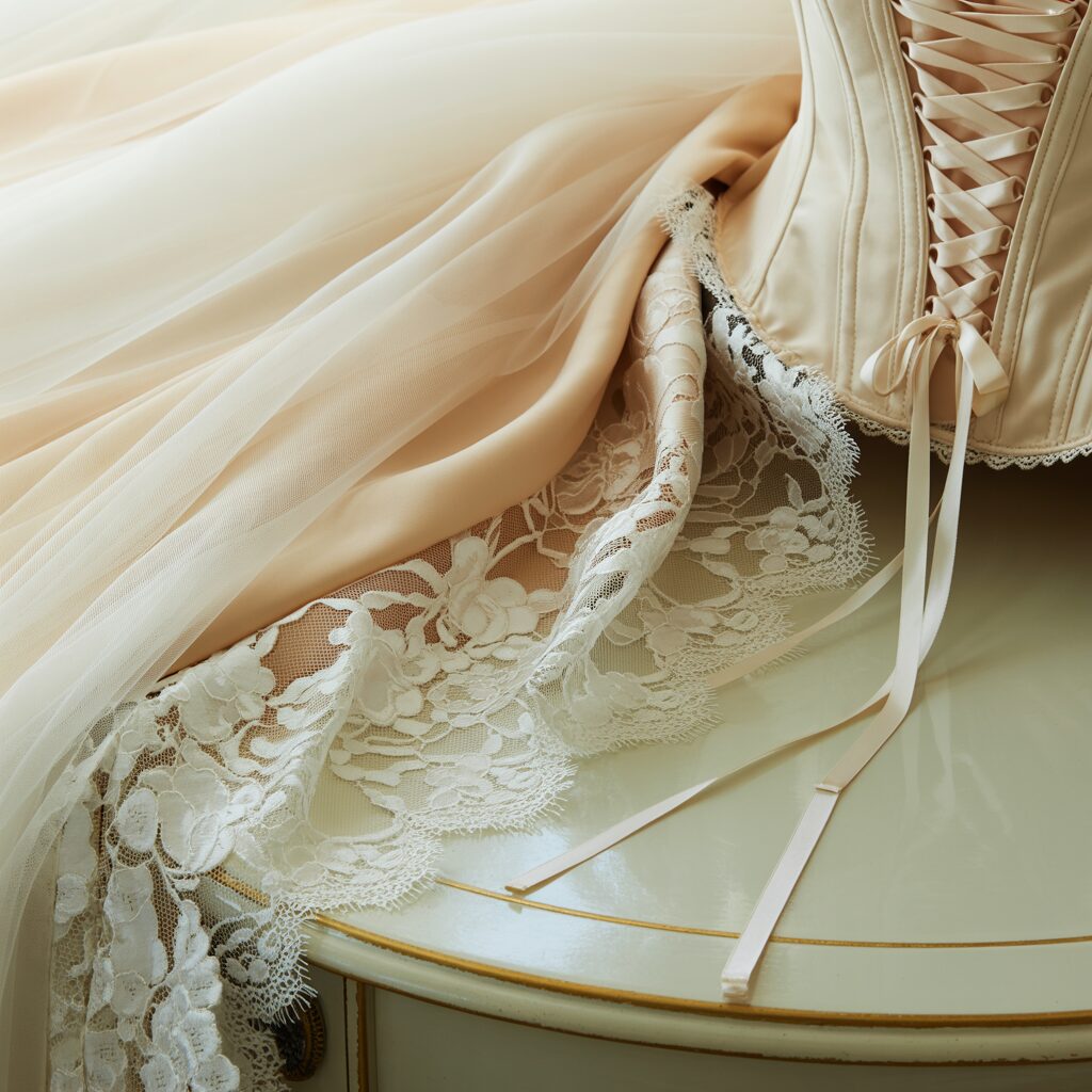 Side view of a bride gently lifting the skirt to show layered tulle movement, warm natural daylight, realistic fabric transparency, elegant bridal salon background