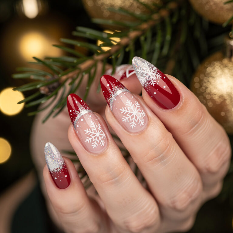 Beautiful red and white Christmas acrylic nails with snowflake designs.