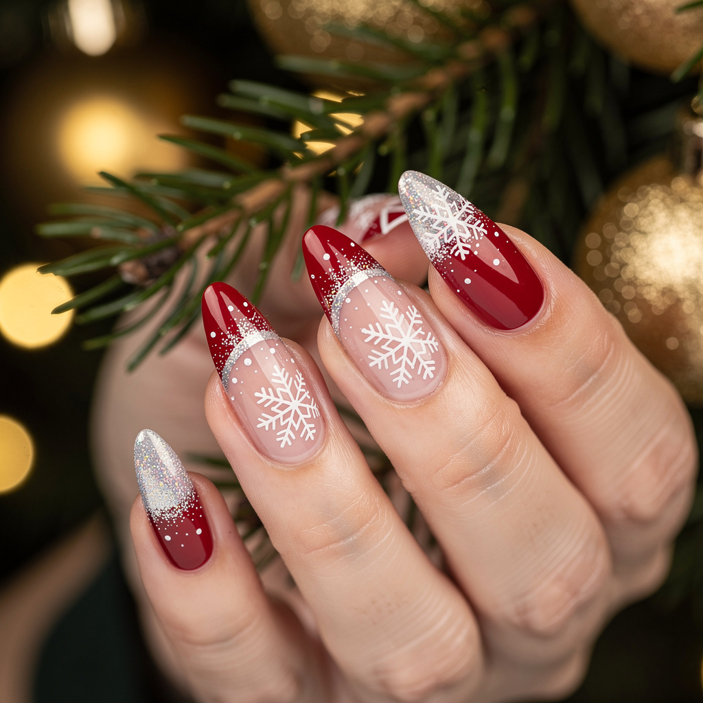 Beautiful red and white Christmas acrylic nails with snowflake designs.