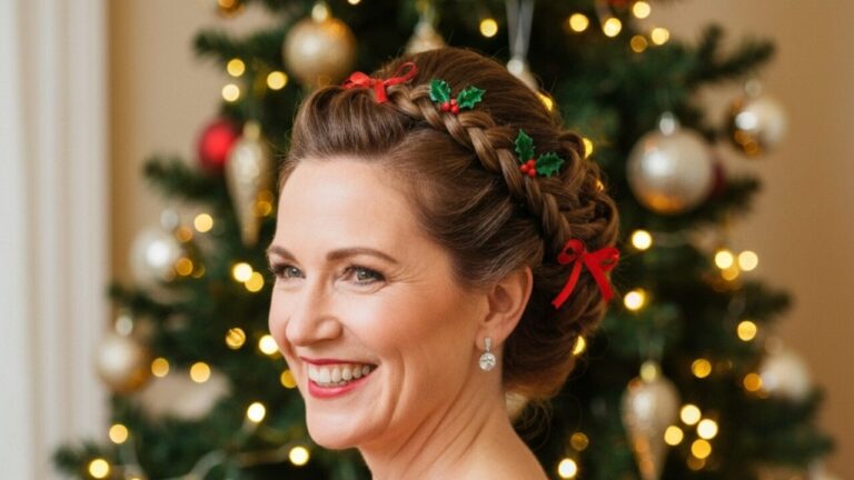 Christmas hairstyles featuring an elegant braided up do with red ribbon and holly decorations for women