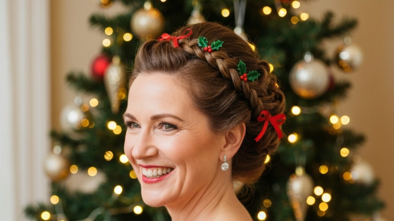 Christmas hairstyles featuring an elegant braided up do with red ribbon and holly decorations for women