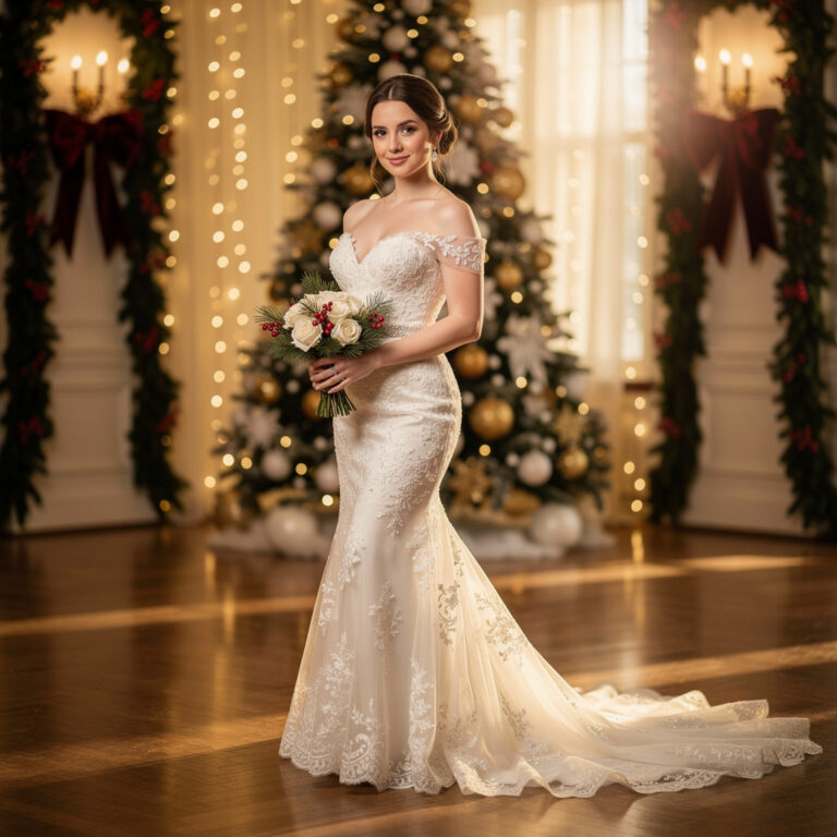 A bride in a beautiful Christmas wedding dress with lace detailing, set against a festive holiday backdrop.
