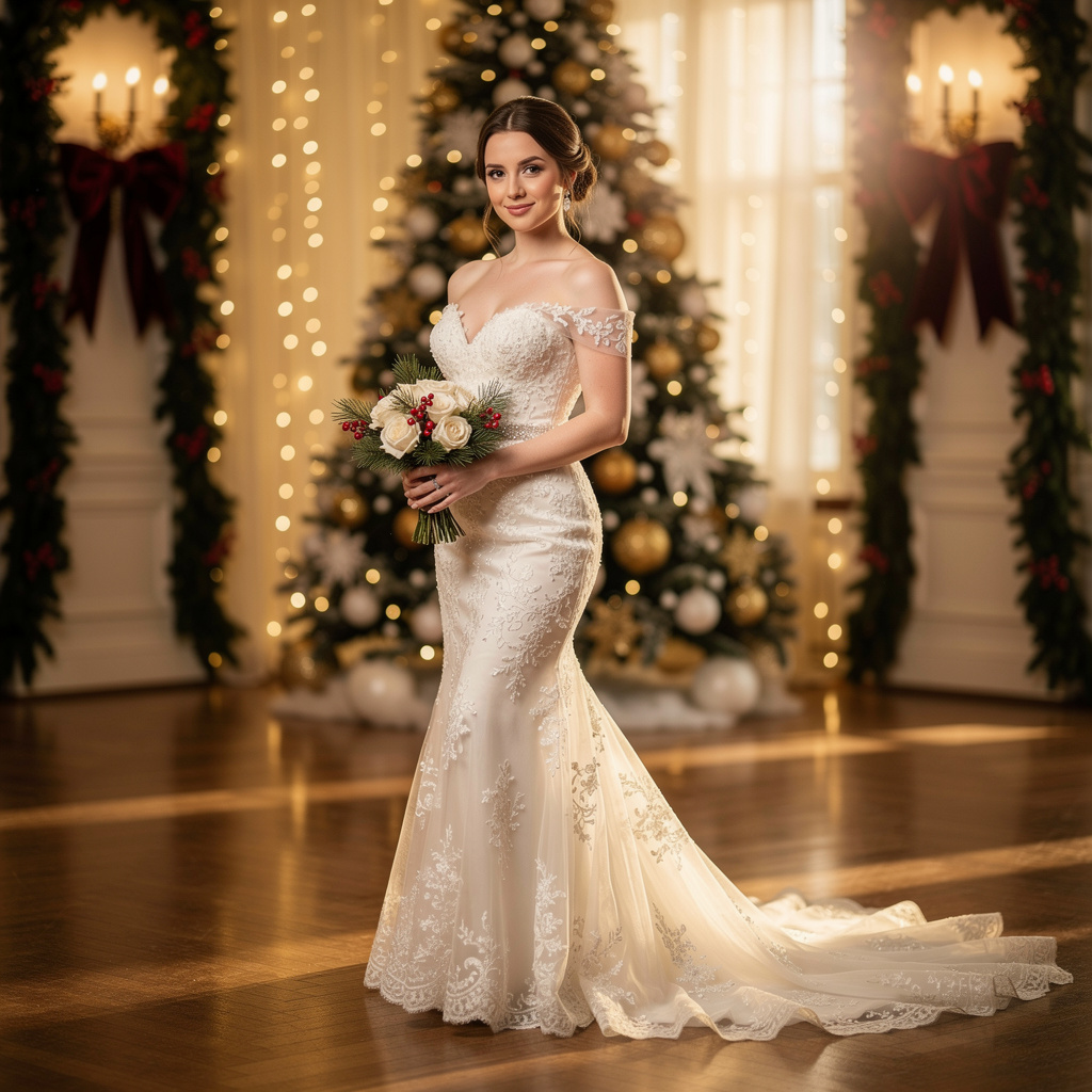 A bride in a beautiful Christmas wedding dress with lace detailing, set against a festive holiday backdrop.