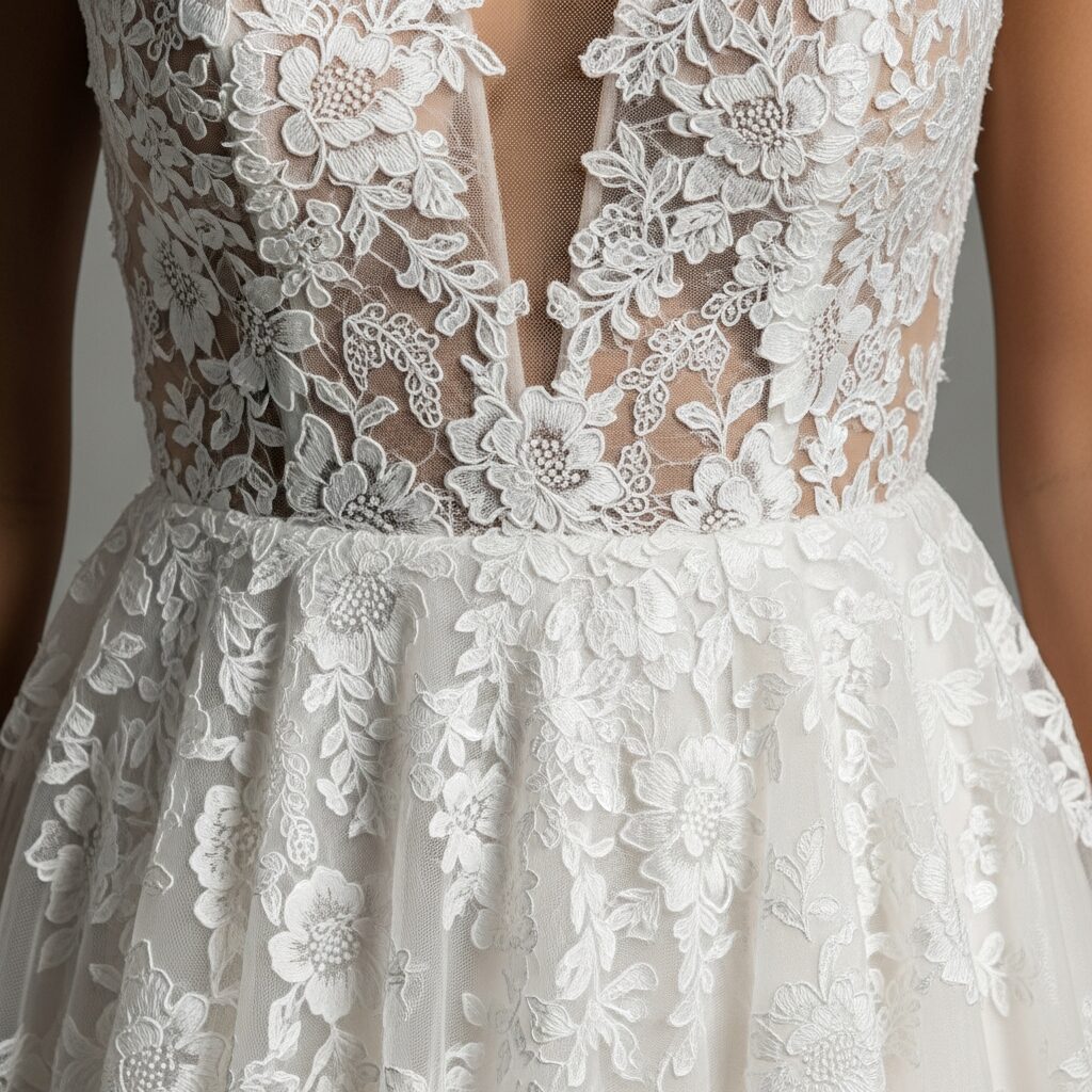 close detail of lace bodice lace skirt and illusion lace panel