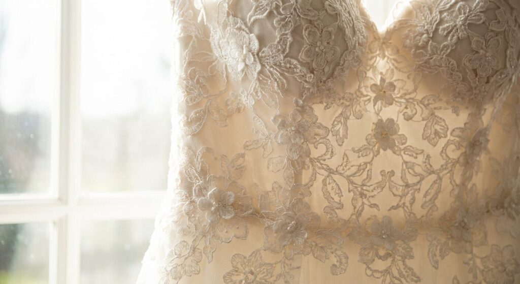 close up of lace details on bridal