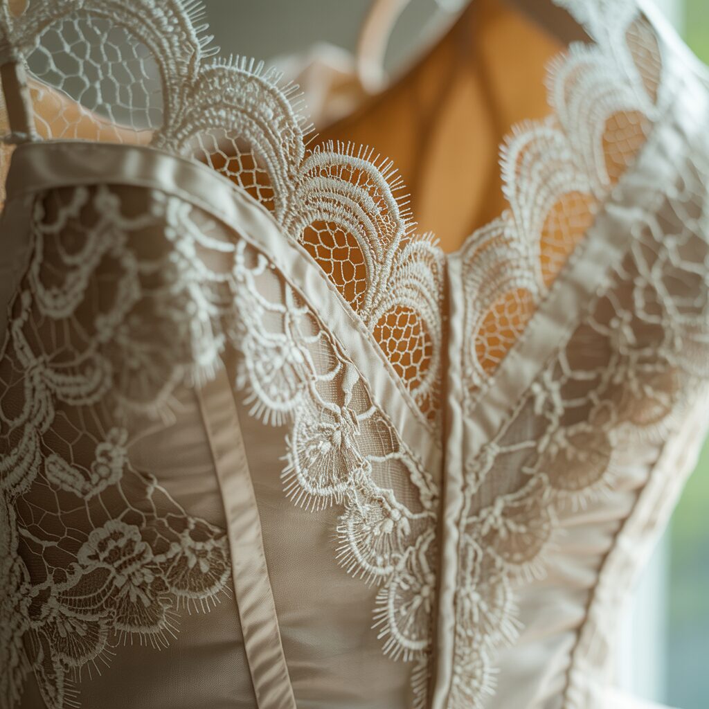 close up of lace details on bridal bodice