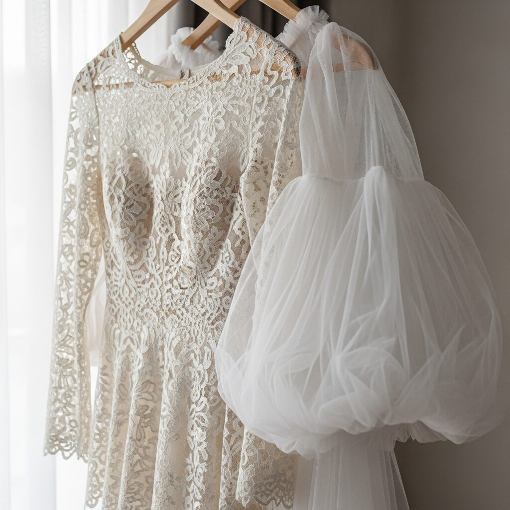 close view of long lace sleeves and detachable tulle sleeves on a bridal hanger
