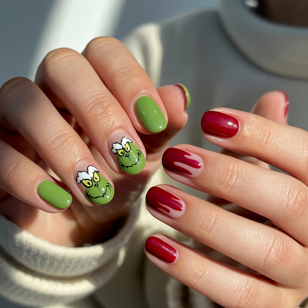Comparison of clean versus messy Grinch Christmas Nails to show common mistakes.