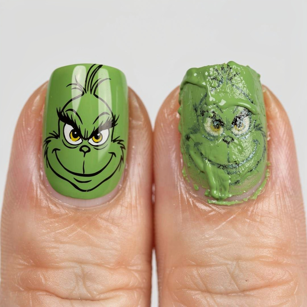Comparison of clean versus messy Grinch Christmas Nails