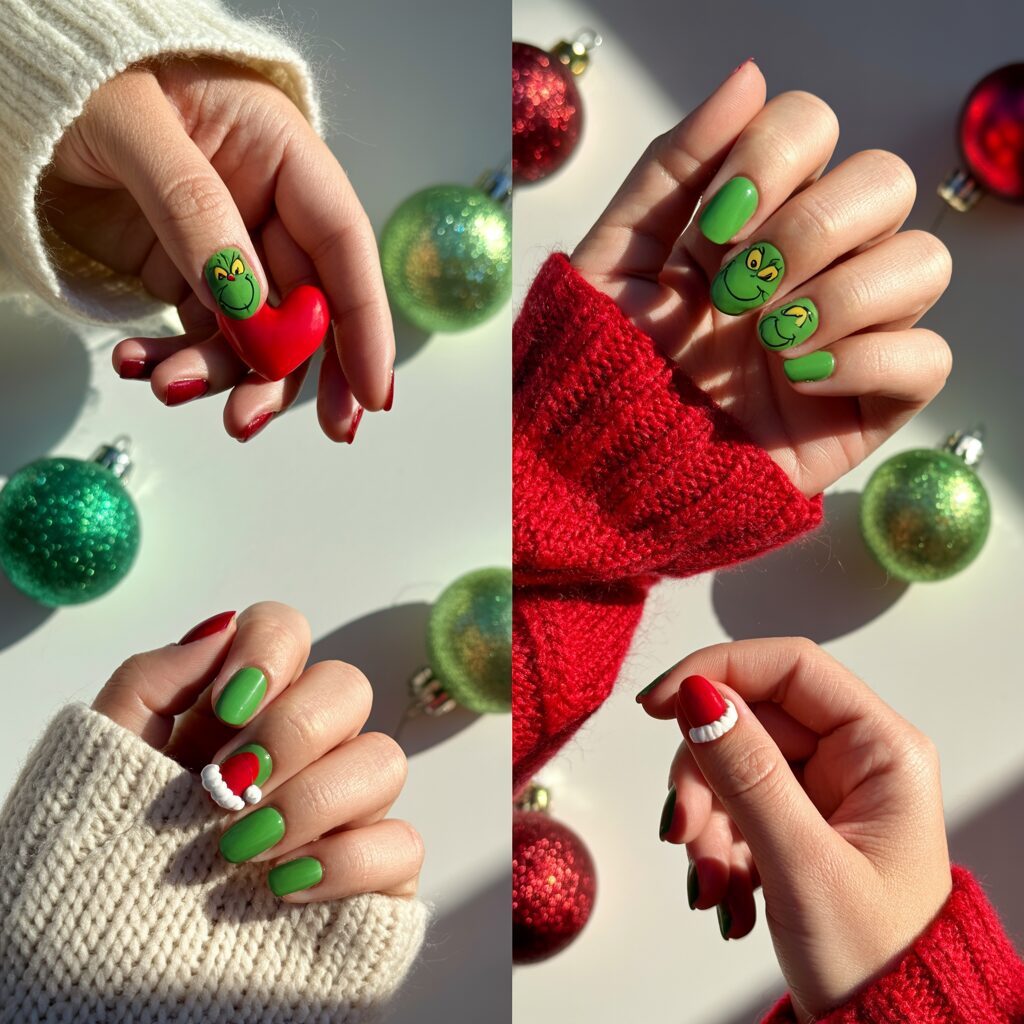 Cute Grinch Christmas Nails inspiration featuring heart ornaments