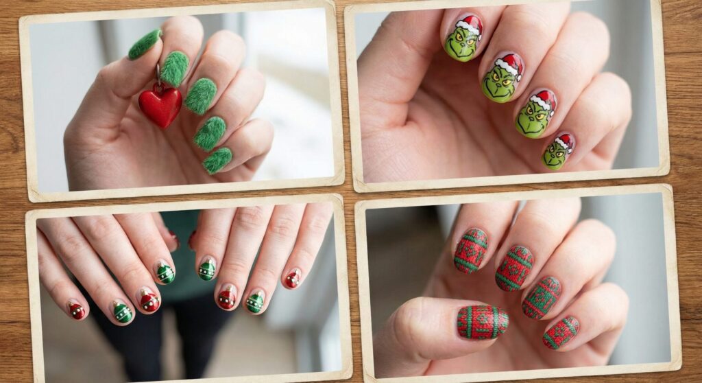 Cute Grinch Christmas Nails inspiration featuring hearts ornaments and sweater details.