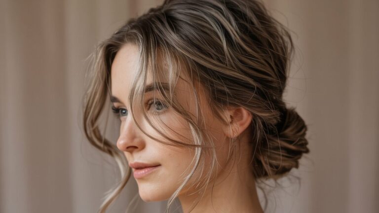 Easy low messy buns hairstyle tutorial showing a relaxed bun at the nape with loose strands