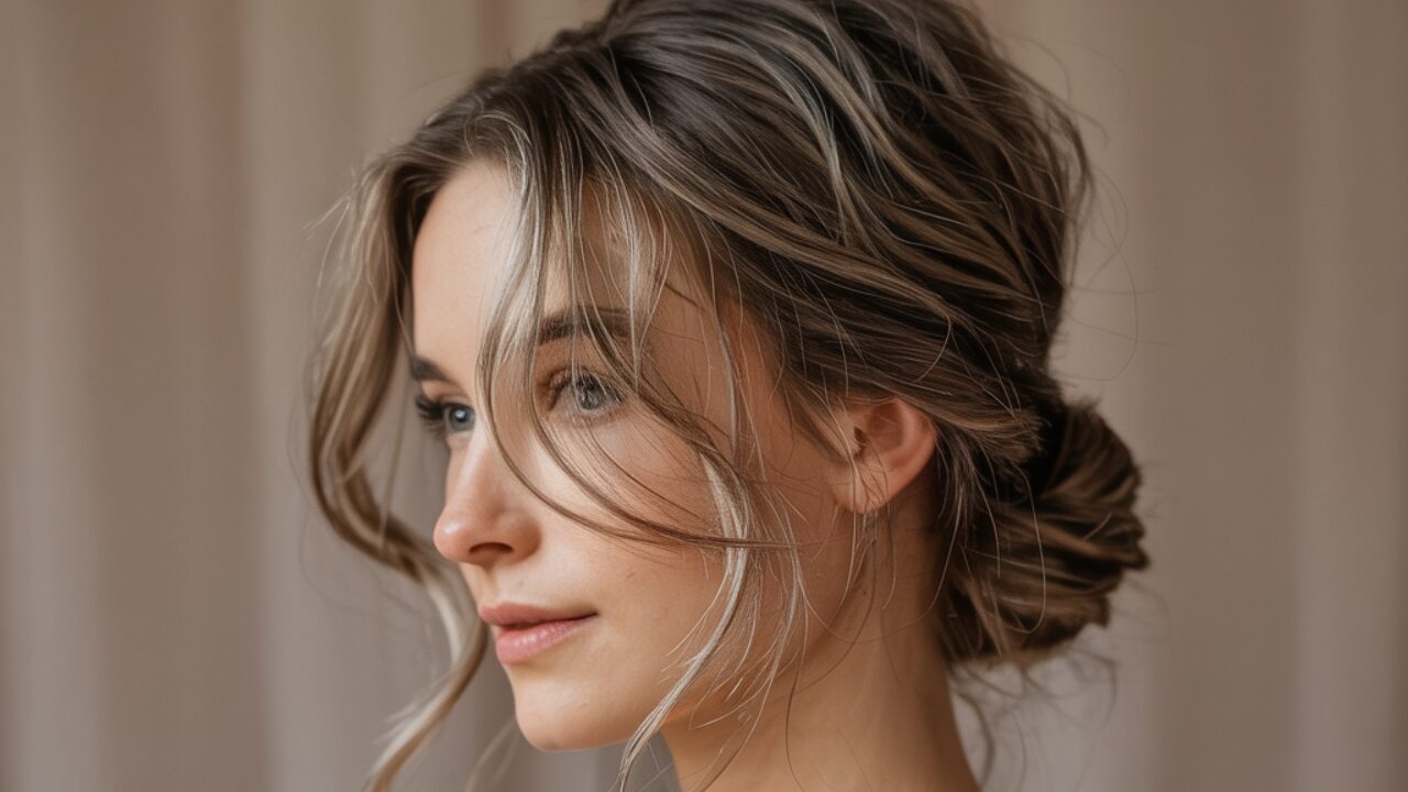 Easy low messy buns hairstyle tutorial showing a relaxed bun at the nape with loose strands