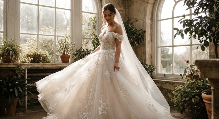 bride wearing fairy tale ball gown with lace and tulle