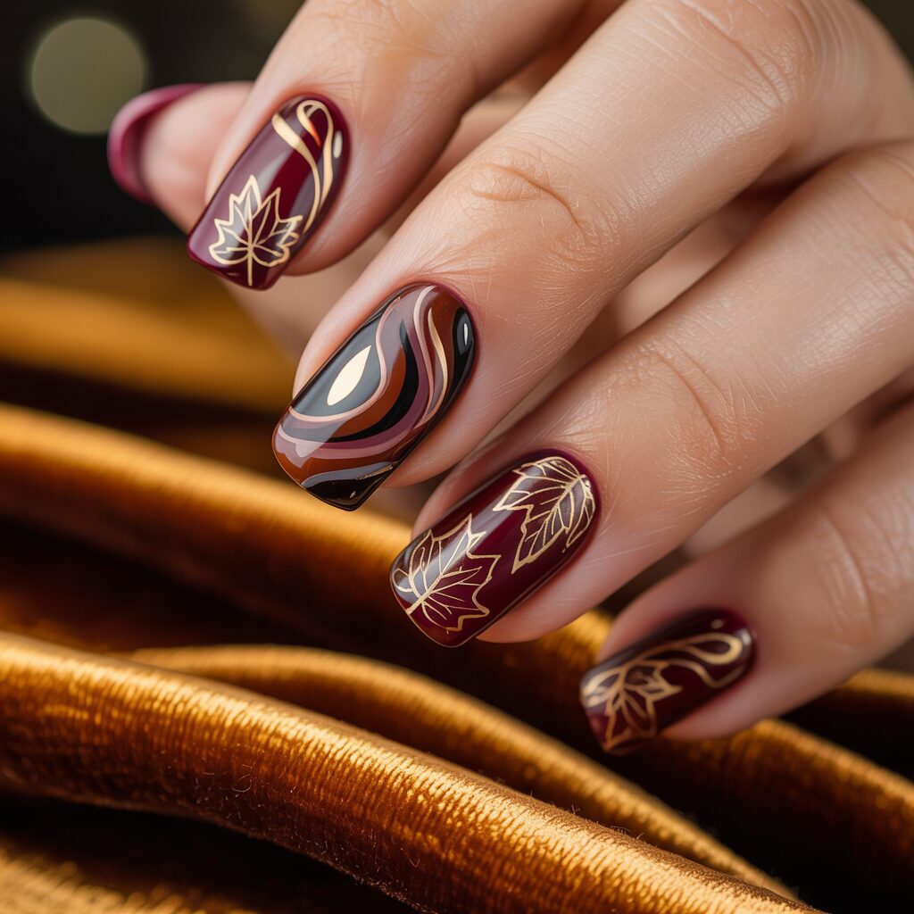Trendy fall coquette nails with warm tones and gold accents, featuring autumn-inspired leaf patterns.
