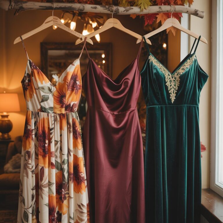 A variety of fall wedding guest dresses in rich autumn colors, from casual floral to formal velvet dresses.