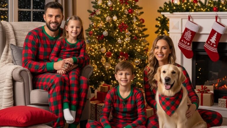 Family wearing matching plaid Christmas pajamas with their dog by the Christmas tree