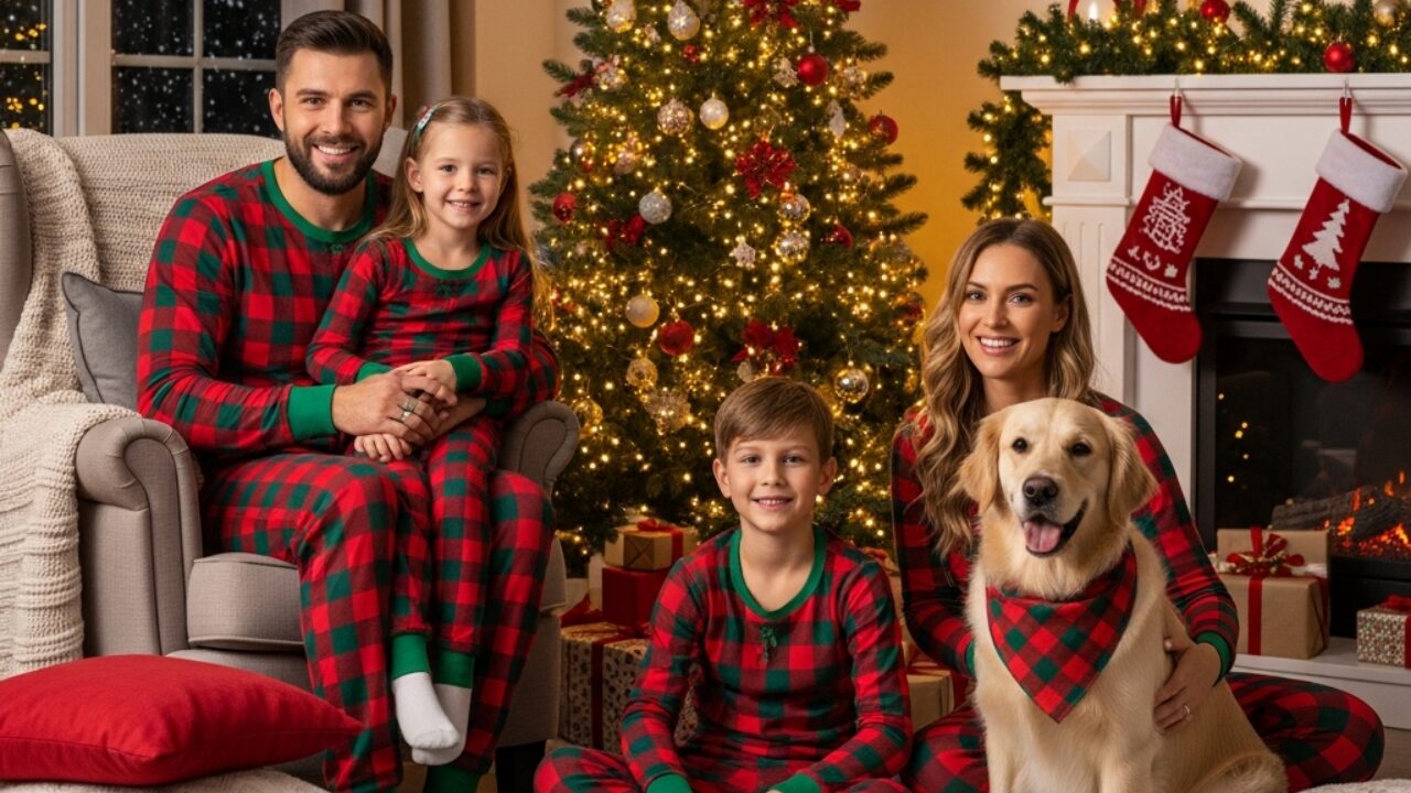 Family wearing matching plaid Christmas pajamas with their dog by the Christmas tree