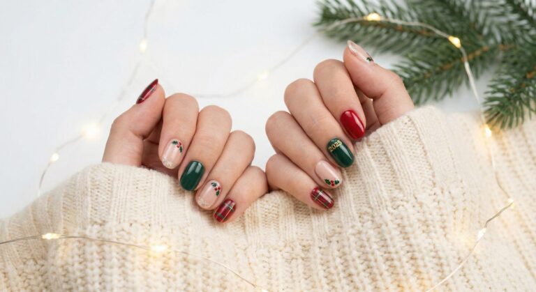christmas nails 2025 trending looks in red green and nude