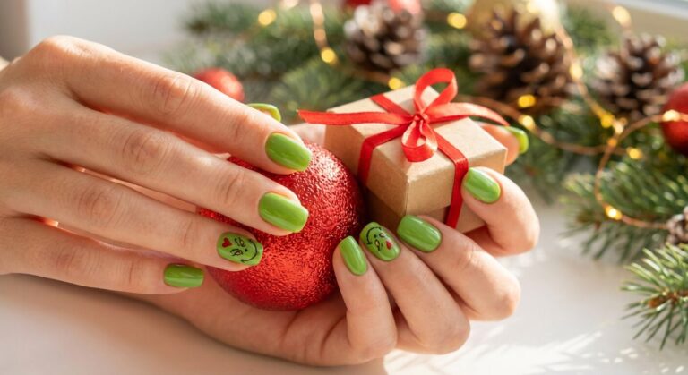Feature image showing Grinch Christmas Nails in green with a simple smile and red heart accent.