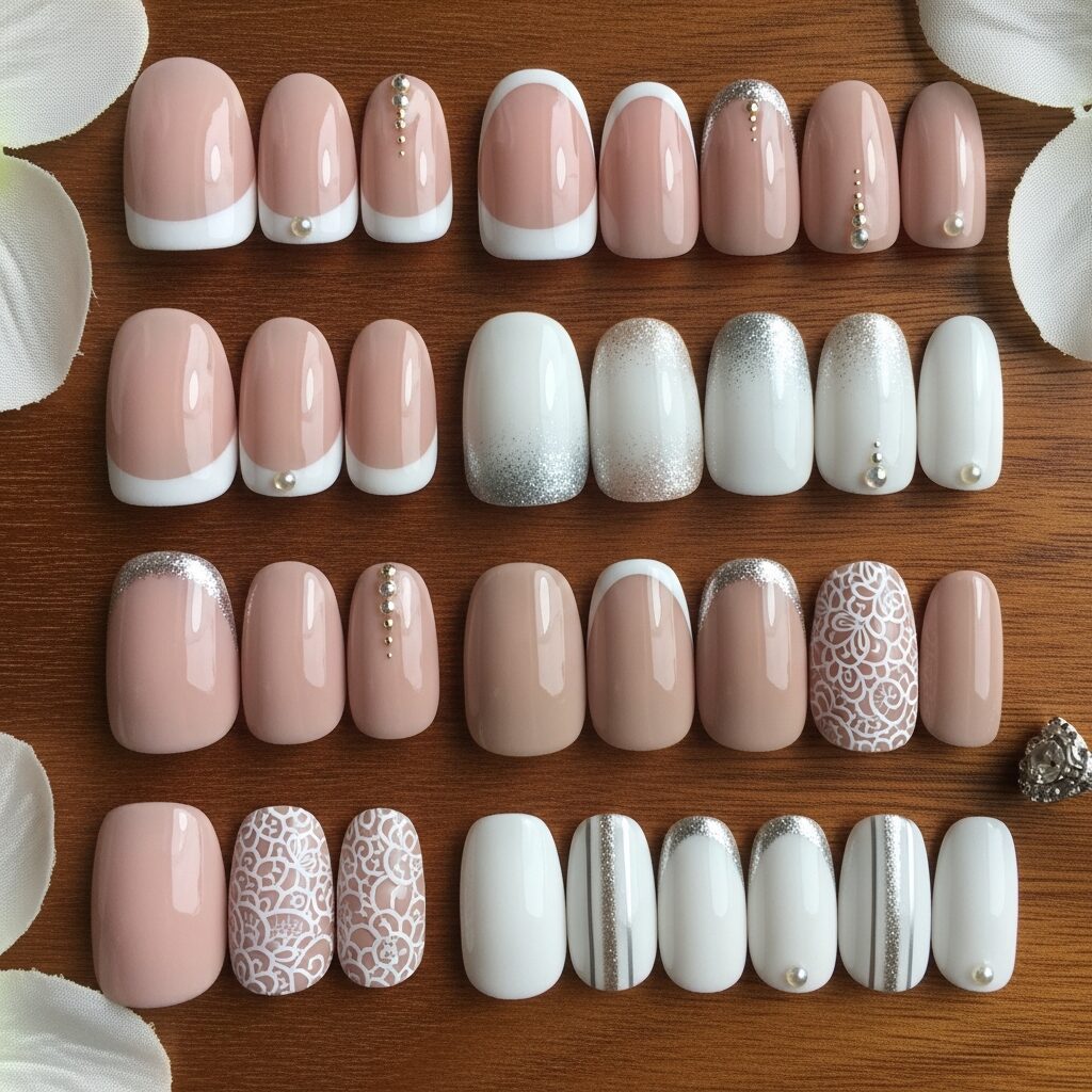 Close-up of French tip nails in nude, ivory, and pastel colors
