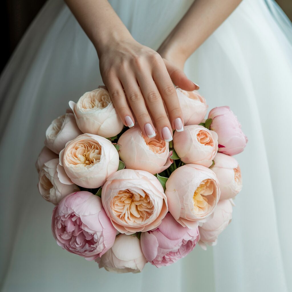 Elegant French tip nails on a bride with wedding bouquet