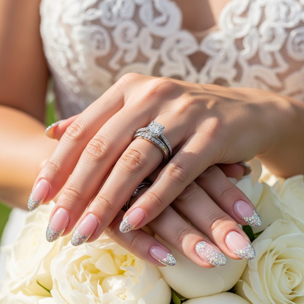 Bride’s hands showing glitter French tip wedding nails