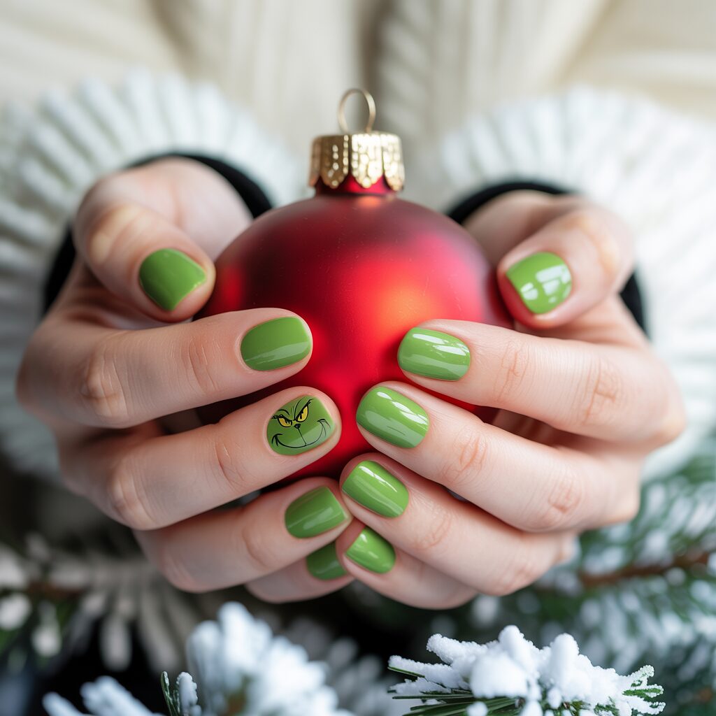 Grinch Christmas Nails in glossy green with a simple Grinch accent nail holding a red ornament.