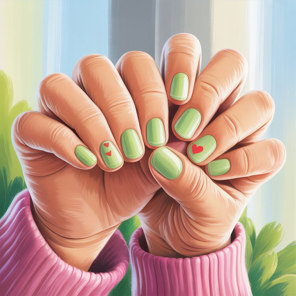 Grinch nails for kids with short green polish and a simple heart accent.