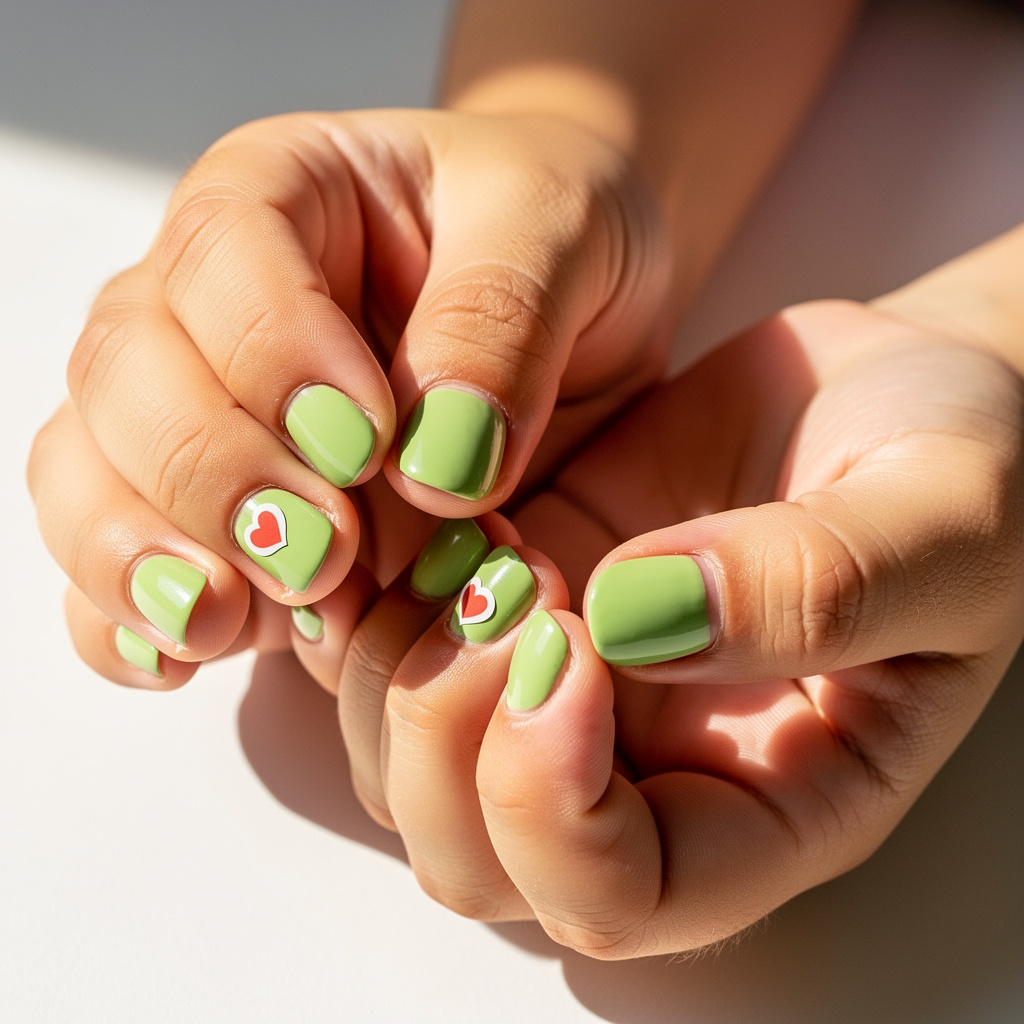 Grinch nails for kids with short green polish and a simple heart