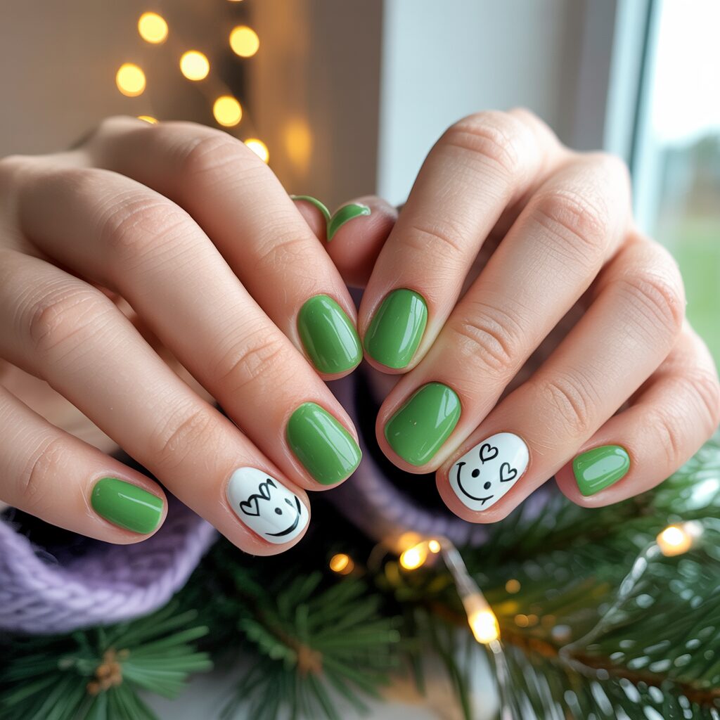 Short Grinch Christmas Nails with green polish and small holiday accent art.