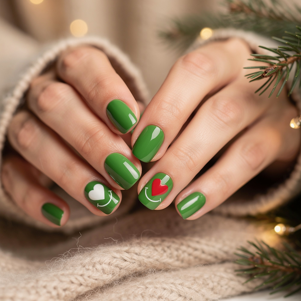 Short Grinch Christmas Nails with green polish