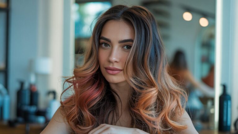 Woman displaying trending hair color shades including copper and ash brown tones in salon
