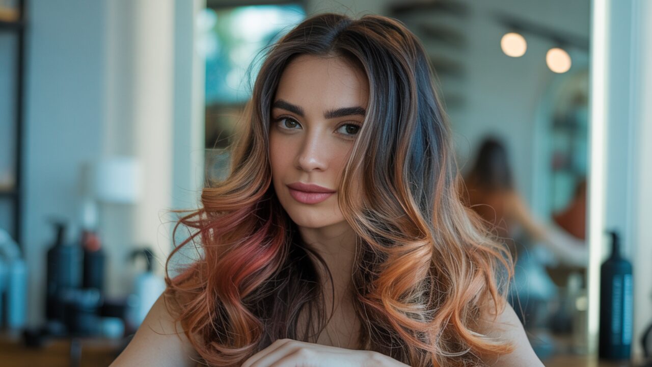 Woman displaying trending hair color shades including copper and ash brown tones in salon