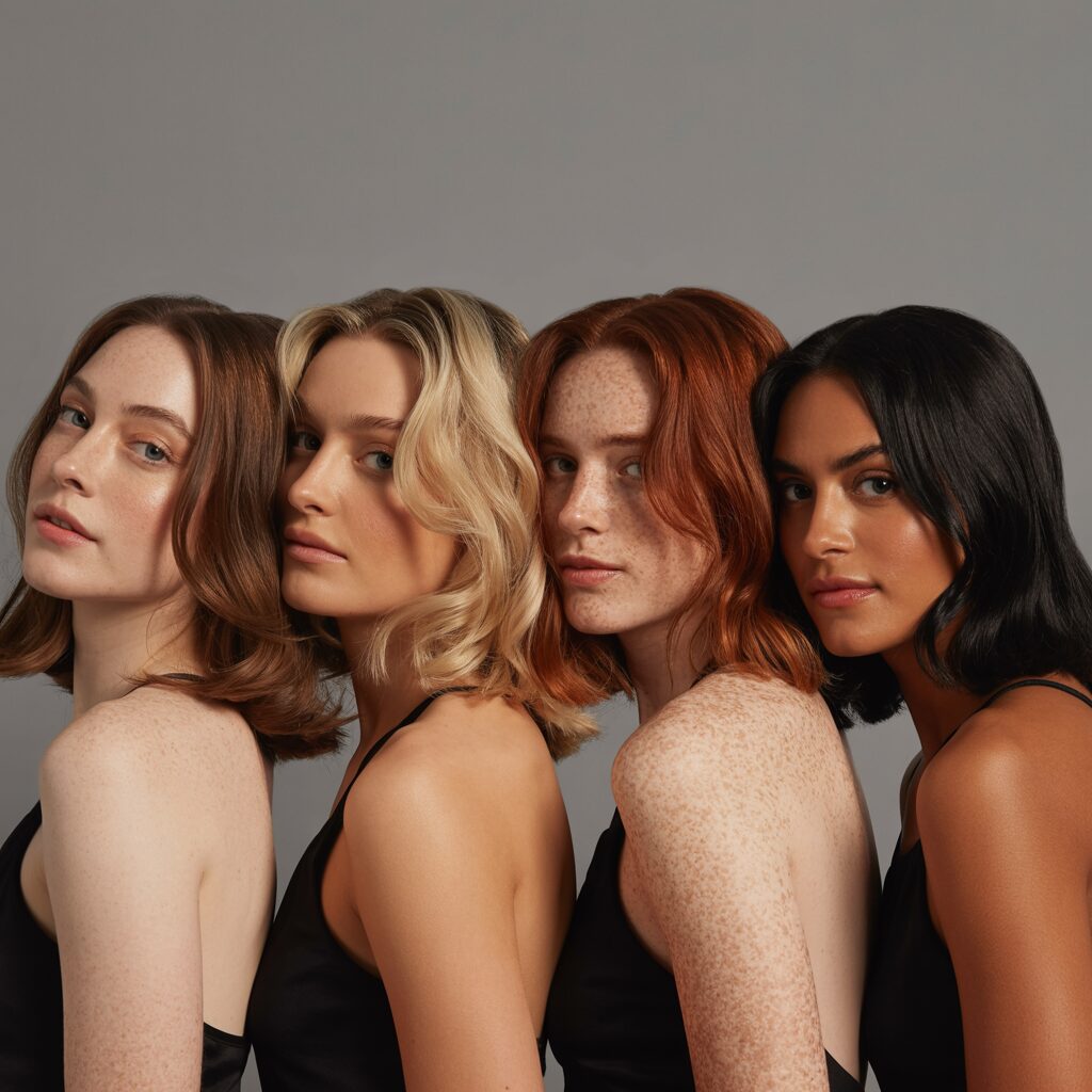 Four women with different skin tones displaying complementary hair shades from blonde to burgundy