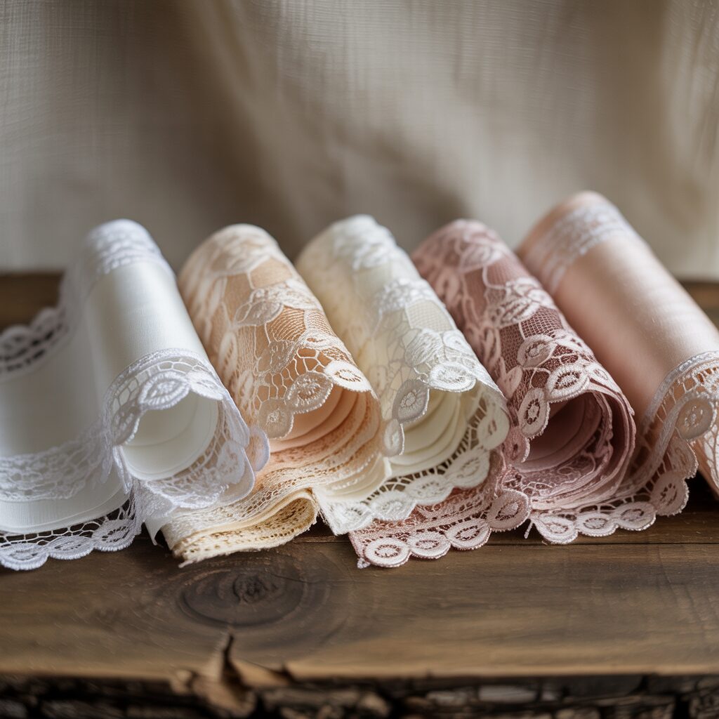 ivory soft white and blush lace swatches displayed side by side