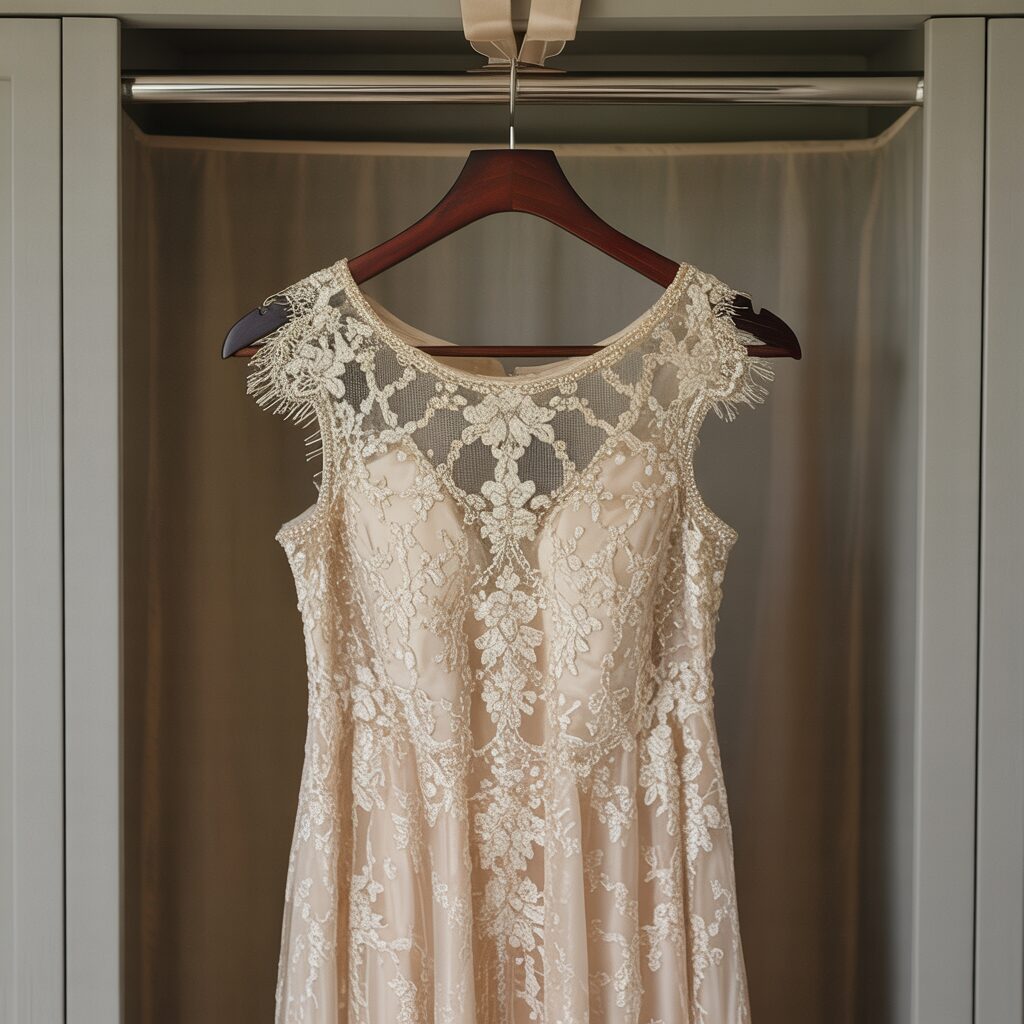 lace gown stored in a breathable garment bag on a wooden hanger