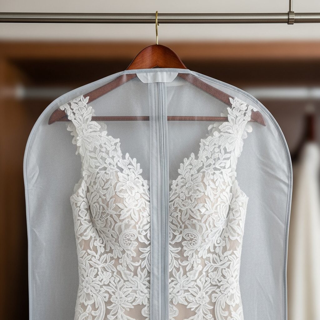 lace gown stored in a breathable garment bag